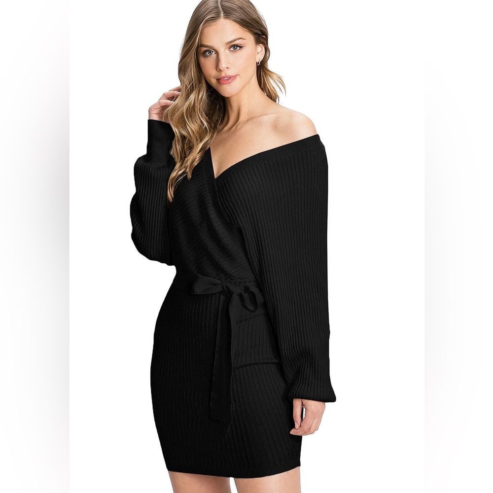 Love Tree Black Ribbed Knit V-Neck Sweater Dress